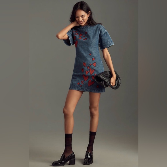 Anthropologie Dhruv Kapoor Embroidered Hearts Denim Short Sleeve Mini Dress - Picture 2 of 11